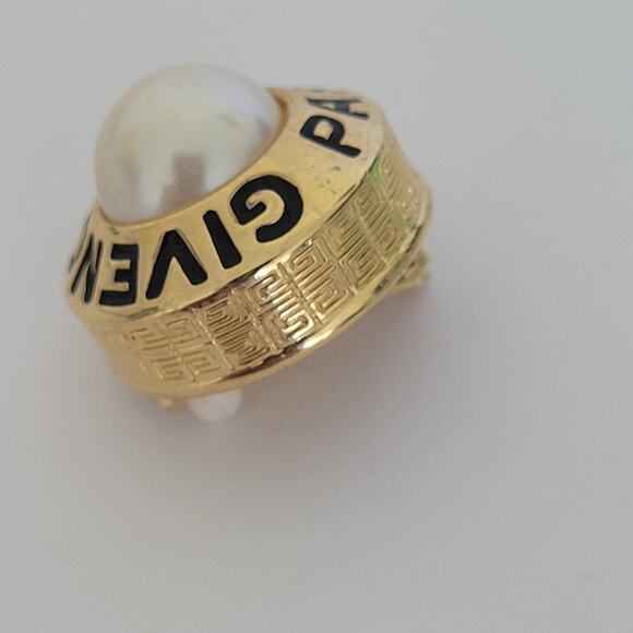 Vintage Givenchy Button Gold Tone Pearl Clip on SINGLE Earring Round Glam Logo - Picture 5 of 7